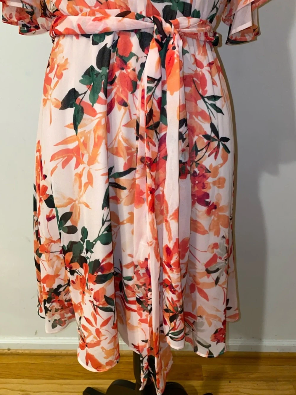 Calvin Klein Irmina Peach-Pink Floral Cold-Shoulder Belted Mini Dress Size 2 - Picture 4 of 16